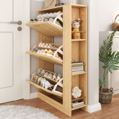 Meuble à Chaussures 3 Portes avec Niche Ouverte, Meuble d'Entrée Design Moderne en MDF - 70x23,5x115 cm - Bois Naturel