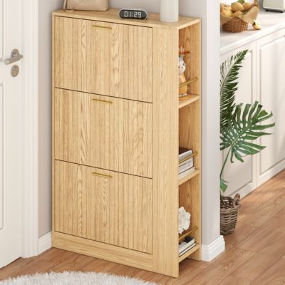Meuble à Chaussures 3 Portes avec Niche Ouverte, Meuble d'Entrée Design Moderne en MDF - 70x23,5x115 cm - Bois Naturel
