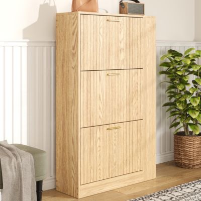 Meuble à Chaussures 3 Portes avec Niche Ouverte, Meuble d'Entrée Design Moderne en MDF - 70x23,5x115 cm - Bois Naturel