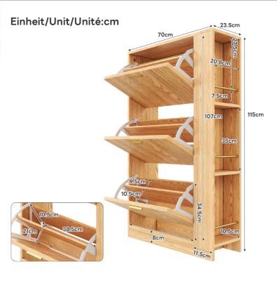 Meuble à Chaussures 3 Portes avec Niche Ouverte, Meuble d'Entrée Design Moderne en MDF - 70x23,5x115 cm - Bois Naturel
