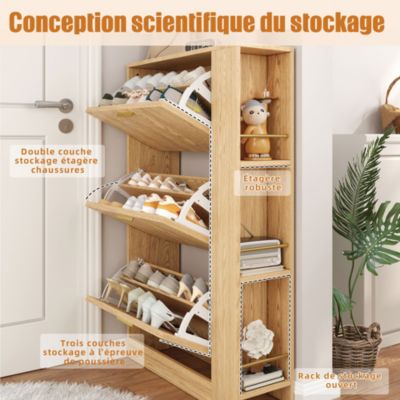 Meuble à Chaussures 3 Portes avec Niche Ouverte, Meuble d'Entrée Design Moderne en MDF - 70x23,5x115 cm - Bois Naturel