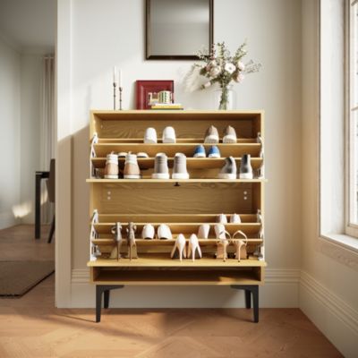 Armoire à Chaussures étroite En Rotin Naturel Avec 4 Portes - 8 étagères Réglables - Idéale Pour L'entrée - 100x24x88 Cm - 9