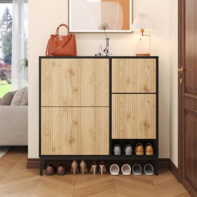 Meuble à chaussures avec banc - Avec 3 portes et étagères ouvertes - Pour une entrée ou une chambre - Noir et naturel