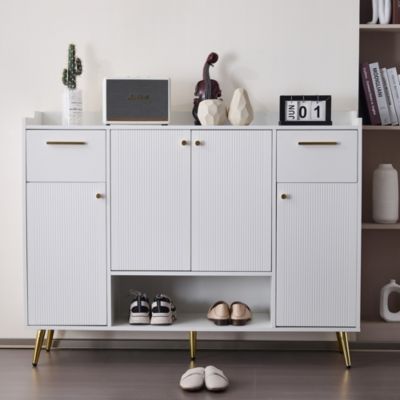 Meuble à Chaussures Blanc avec 2 Tiroirs et 4 Portes, Pieds Métal - 130x37x100 cm