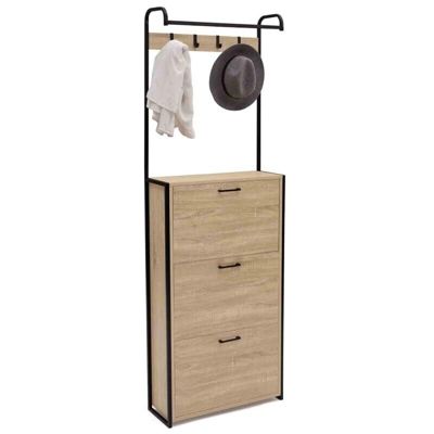 Meuble à Chaussures Bois Hêtre + Rangement Vestiaires + 3 Portes Style Industriel