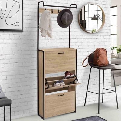 Meuble à Chaussures Bois Hêtre + Rangement Vestiaires + 3 Portes Style Industriel