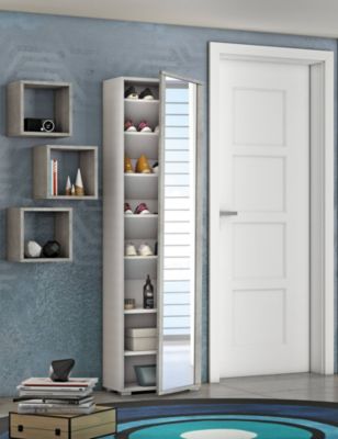 Meuble chaussures Dcandel, Meuble d'entrée avec porte miroir, meuble à chaussures avec 7 Etageres, 50x32hx182 cm, Blanc et Ciment