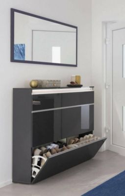 Meuble chaussures Dlukak, Armoire polyvalente avec 2 portes et 1 porte abattante, 120x27h108 cm, Anthracite Brillant