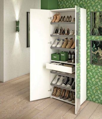 Meuble chaussures Dminiat, Meuble d'entrée avec porte miroir, meuble à chaussures avec 6 Etageres, 72x37h195 cm, Blanc et Ciment