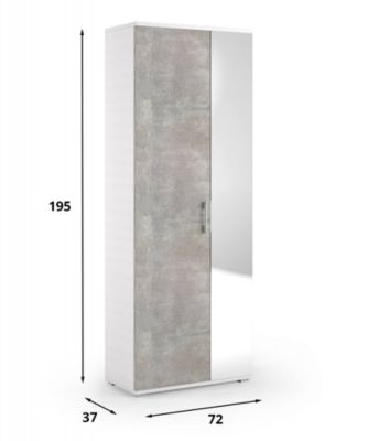 Meuble chaussures Dminiat, Meuble d'entrée avec porte miroir, meuble à chaussures avec 6 Etageres, 72x37h195 cm, Blanc et Ciment