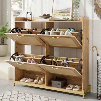 Armoire à Chaussures étroite En Rotin Naturel Avec 4 Portes - 8 étagères Réglables - Idéale Pour L'entrée - 100x24x88 Cm - 7