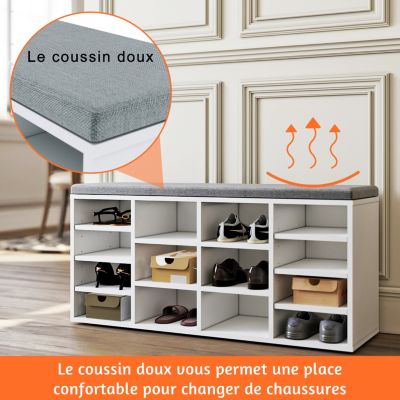 Meuble à chaussures L103.5 x 48 x 30cm SIRHONA , armoire de rangement avec 14 compartiments, avec coussin