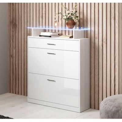 Meuble à chaussures LED - Mélamine brillant - Blanc - 105x89x24 cm