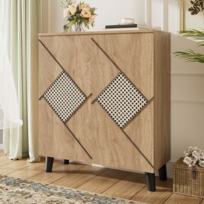 Meuble à Chaussures - Meuble d'entrée avec Motif en Rotin et Portes Fermées, Structure PB et Étagères Internes, 80x31x91 cm - Bois