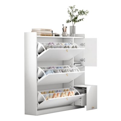 Meuble à Chaussures - Meuble d'entrée Basculant avec 3 Tiroirs et Banc - Meuble Pratique et Moderne - Blanc - 119x24x122 cm
