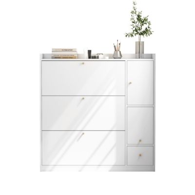 Meuble à Chaussures - Meuble d'entrée Basculant avec 3 Tiroirs et Banc - Meuble Pratique et Moderne - Blanc - 119x24x122 cm