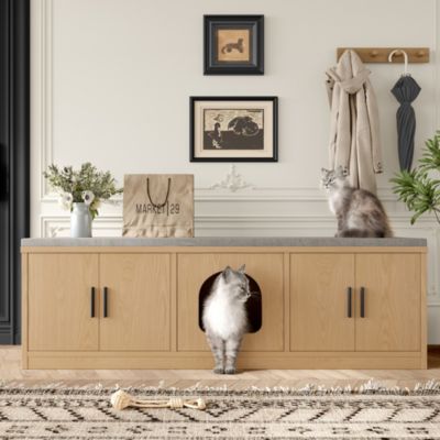Meuble à chaussures/meuble litière pour chat - 140x40x45,5 cm - Avec griffoir et ventilation - Égères réglables - Naturel