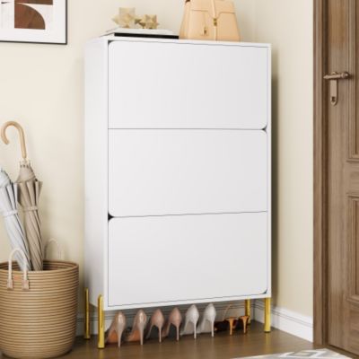 Meuble à chaussures moderne 73x24x120 cm - 3 portes - Étagère à chaussures à 6 niveaux - pieds dorés - MDF - blanc