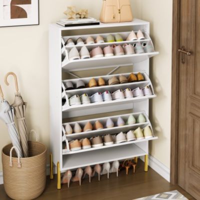 Meuble à chaussures moderne 73x24x120 cm - 3 portes - Étagère à chaussures à 6 niveaux - pieds dorés - MDF - blanc