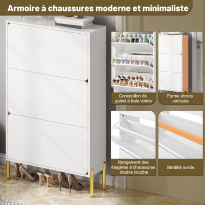 Meuble à chaussures moderne 73x24x120 cm - 3 portes - Étagère à chaussures à 6 niveaux - pieds dorés - MDF - blanc