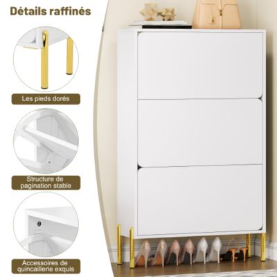 Meuble à chaussures moderne 73x24x120 cm - 3 portes - Étagère à chaussures à 6 niveaux - pieds dorés - MDF - blanc