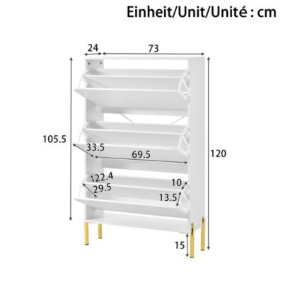 Meuble à chaussures moderne 73x24x120 cm - 3 portes - Étagère à chaussures à 6 niveaux - pieds dorés - MDF - blanc