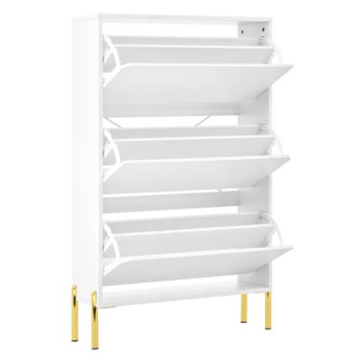 Meuble à chaussures moderne 73x24x120 cm - 3 portes - Étagère à chaussures à 6 niveaux - pieds dorés - MDF - blanc