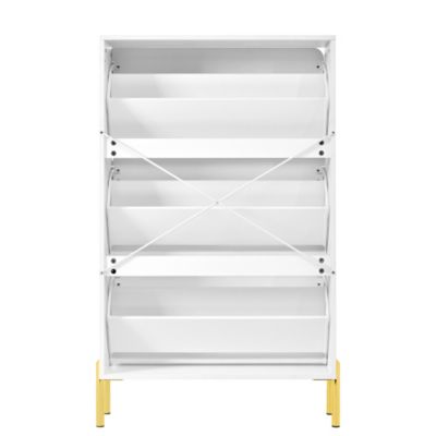 Meuble à chaussures moderne 73x24x120 cm - 3 portes - Étagère à chaussures à 6 niveaux - pieds dorés - MDF - blanc