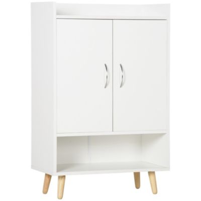 Meuble à chaussures scandinave placard 2 portes 4 étagères pieds effilés inclinés bois panneaux particules blanc