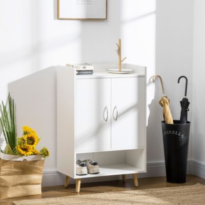 Meuble à chaussures scandinave placard 2 portes 4 étagères pieds effilés inclinés bois panneaux particules blanc