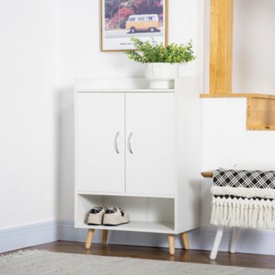 Meuble à chaussures scandinave placard 2 portes 4 étagères pieds effilés inclinés bois panneaux particules blanc