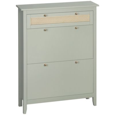 Meuble à chaussures style bohème chic - 2 portes abattantes 2 étagères réglables tiroir - MDF vert d'eau aspect rotin