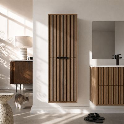 Meuble Colonne 2 Portes avec Façades Crantées Décor Chêne et Noir - 35x30x120cm - YUKI