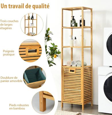 Meuble Colonne de Salle de Bain en Bamboo, Meuble de Rangement pour Salle de Bain, 40 x 33 x 160 cm, Naturel