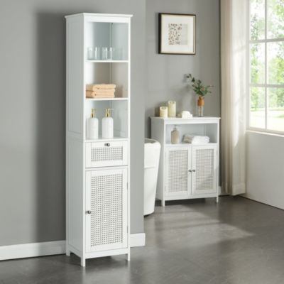 Meuble colonne de salle de bain Karlsoey MDF PVC effet rotin 161 x 35 x 32 cm blanc en.casa