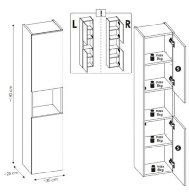 Meuble colonne de salle de bain à suspendre NOVA OAK 30 X 140 cm