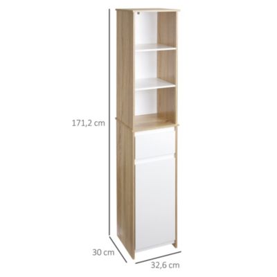 Meuble colonne rangement salle de bain style cosy 3 niches tiroir placard avec étagère blanc aspect chêne clair