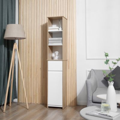 Meuble colonne rangement salle de bain style cosy 3 niches tiroir placard avec étagère blanc aspect chêne clair