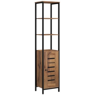 Meuble colonne rangement salle de bain style cosy dim. 37L x 30l x 167H cm 3 étagères porte ajourée acier noir aspect bois