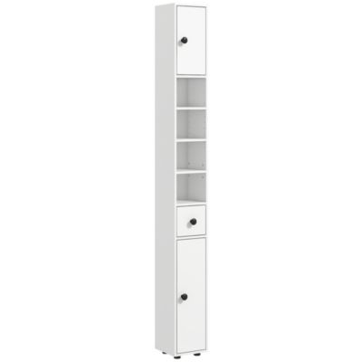 Meuble colonne salle de bain 2 portes 2 étagères 4 niches tiroir poignées métal noir blanc