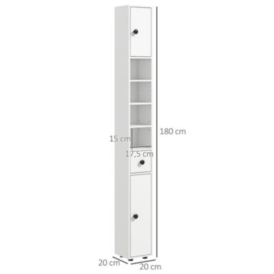 Meuble colonne salle de bain 2 portes 2 étagères 4 niches tiroir poignées métal noir blanc