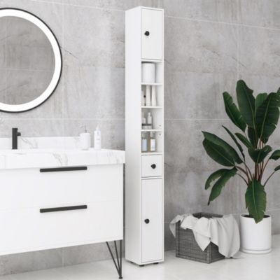 Meuble colonne salle de bain 2 portes 2 étagères 4 niches tiroir poignées métal noir blanc