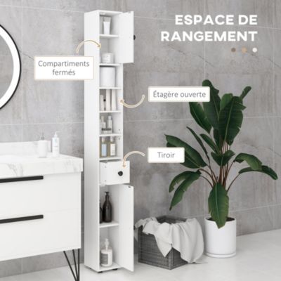 Meuble colonne salle de bain 2 portes 2 étagères 4 niches tiroir poignées métal noir blanc