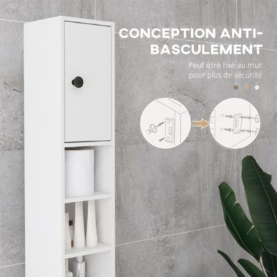 Meuble colonne salle de bain 2 portes 2 étagères 4 niches tiroir poignées métal noir blanc