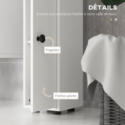 Meuble colonne salle de bain 2 portes 2 étagères 4 niches tiroir poignées métal noir blanc