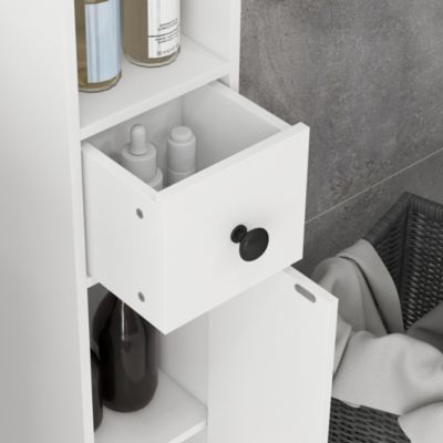 Meuble colonne salle de bain 2 portes 2 étagères 4 niches tiroir poignées métal noir blanc