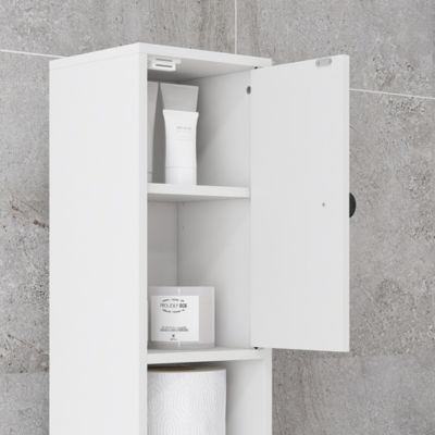Meuble colonne salle de bain 2 portes 2 étagères 4 niches tiroir poignées métal noir blanc