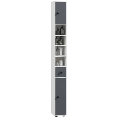 Meuble colonne salle de bain 2 portes 2 étagères 4 niches tiroir poignées métal noir gris
