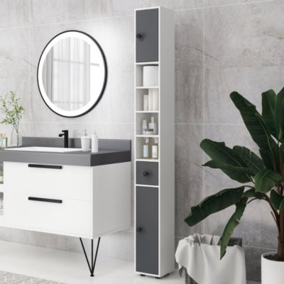 Meuble colonne salle de bain 2 portes 2 étagères 4 niches tiroir poignées métal noir gris