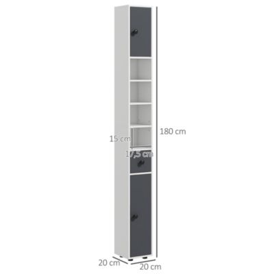 Meuble colonne salle de bain 2 portes 2 étagères 4 niches tiroir poignées métal noir gris